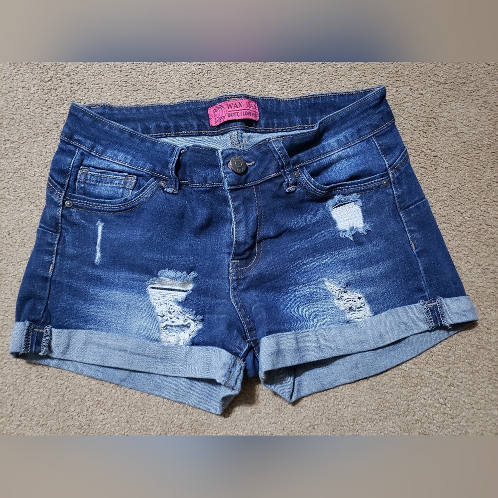 Wax Jean Distressed Rolled-Cuff Denim Shorts in Dark Blue
